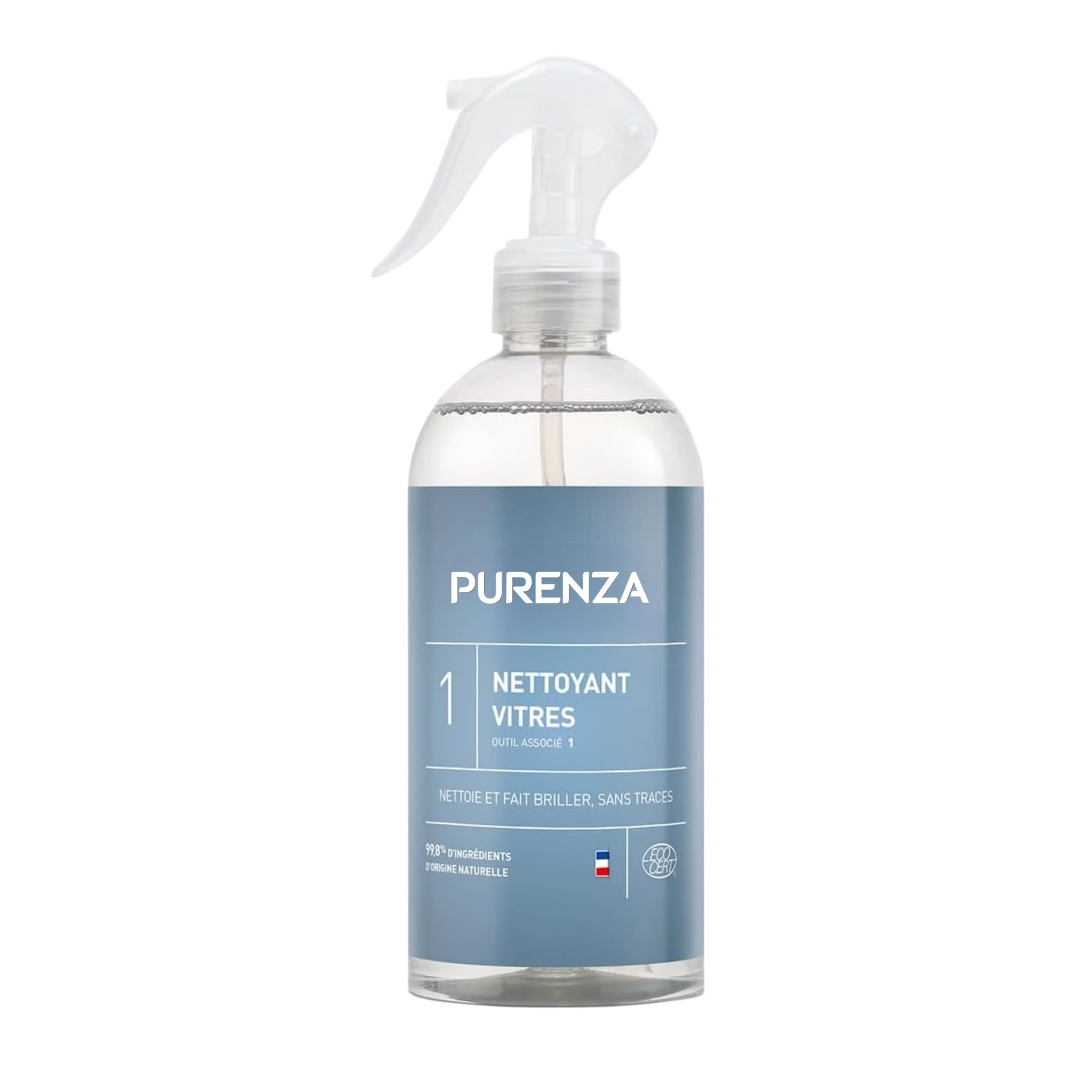 Spray nettoyant spécialement pensé pour nettoyer vos vitres en utilisant le robot lave-vitre Purenza.